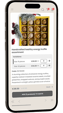 Démo mobile interactive de l’application de galeries marchandes montrant une interface e-commerce responsive avec sélection de variantes et système de demande de devis.