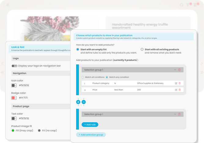 Tableau de bord de l’application de galeries produits marchandes affichant les paramètres de personnalisation visuelle et le moteur de sélection de produits pour créer des catalogues sur mesure.