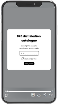 Écran de smartphone affichant un catalogue b2b avec une demande de code d'accès