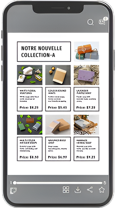 Écran de smartphone affichant un catalogue produit digital où les acheteurs peuvent ajouter des articles et demander des devis directement.
