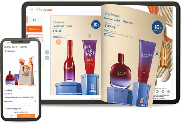 Écrans de mobile et de tablette affichant un catalogue numérique interactif à effet de feuilletage, illustrant le processus de création.