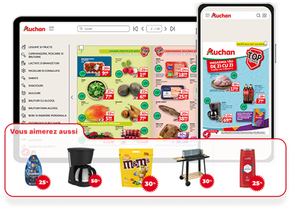 Catalogue numérique sur ordinateur et mobile, avec des suggestions de produits intelligentes pilotées par intelligence artificielle.