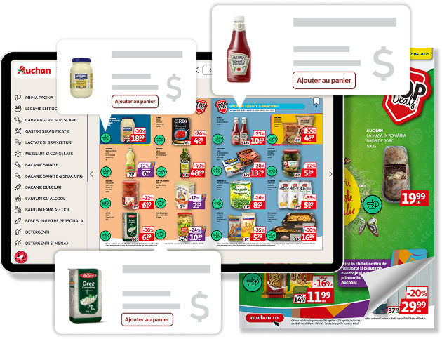 Brochure numérique sur tablette avec pop-ups produits et boutons d’achat — illustrant un flipbook interactif et achetable.
